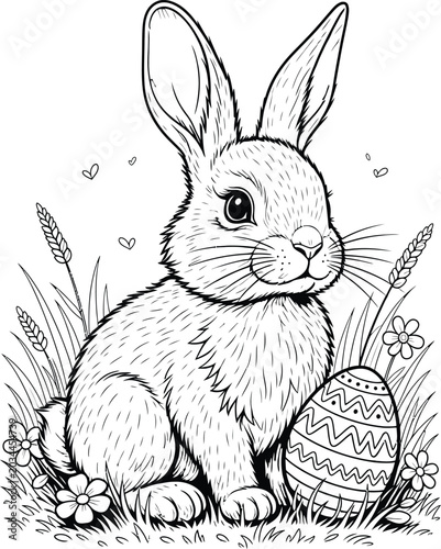 Cute Easter bunny sitting with decorated egg in grass and flowers outdoor scene