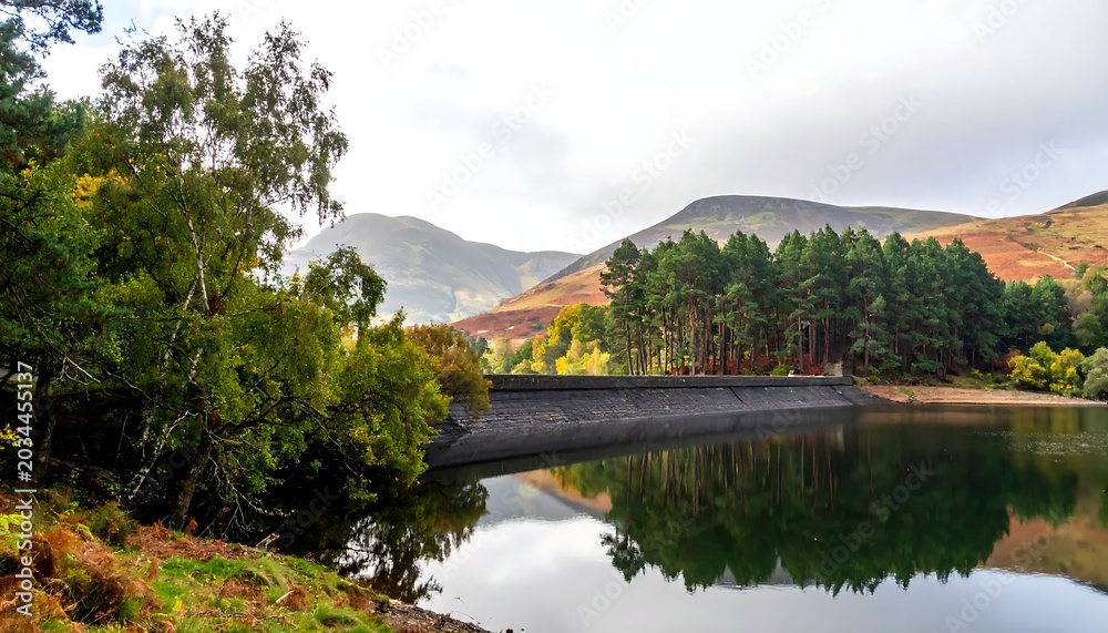 Fototapeta premium Calm Forest Lake Reflecting Autumn Trees in Mountain Valley