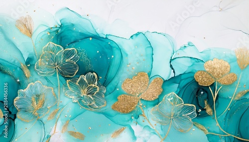 Elegant Turquoise Flowers Alcohol Ink Background With Gold Glitter Elements