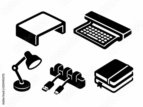 Office desk essentials in black and white icons set of five