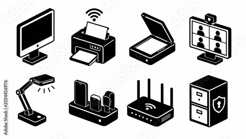 Office technology icons: computer, printer, scanner, video call, lamp, dock, router, server