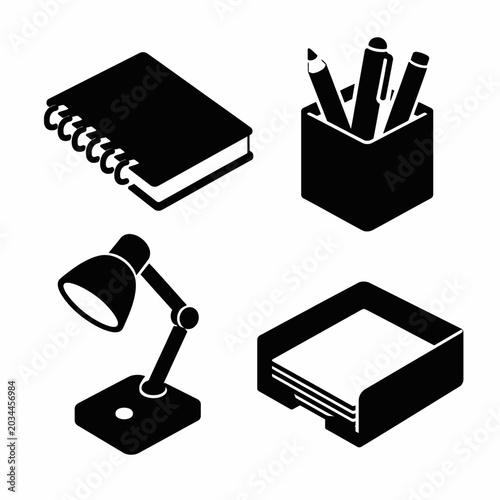 Silhouette icons of notebook, pencil holder, desk lamp, and paper tray