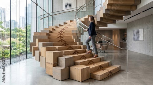 Woman Walking Up Modern Spiral Staircase in Bright Contemporary Interior