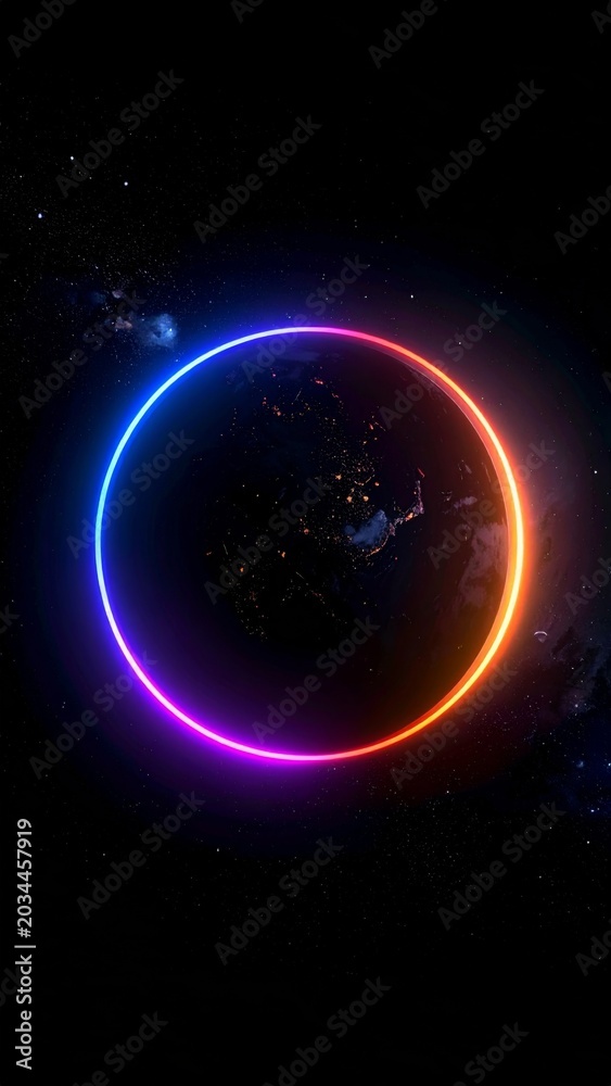 Fototapeta premium Vibrant Neon Ring Illuminates Dark Starry Expanse With Cosmic Dust Clouds