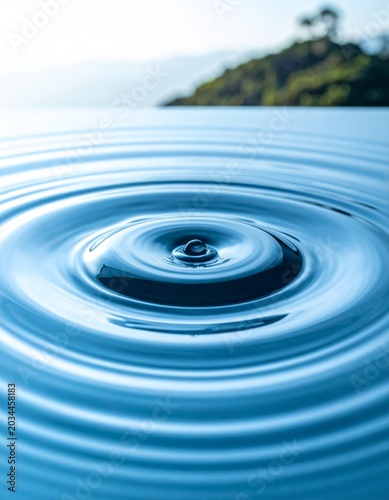 Clear Blue Water Surface Ripples From Falling Droplet Gentle Waves Sunlit Coastline Lush Greenery Distant Hills Horizon