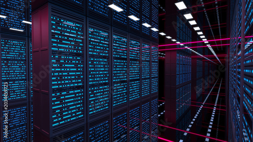 Photos Data center server room interior with neon light blue lights of server racks, pink LED lights in the aisle, glossy black floor and ceiling