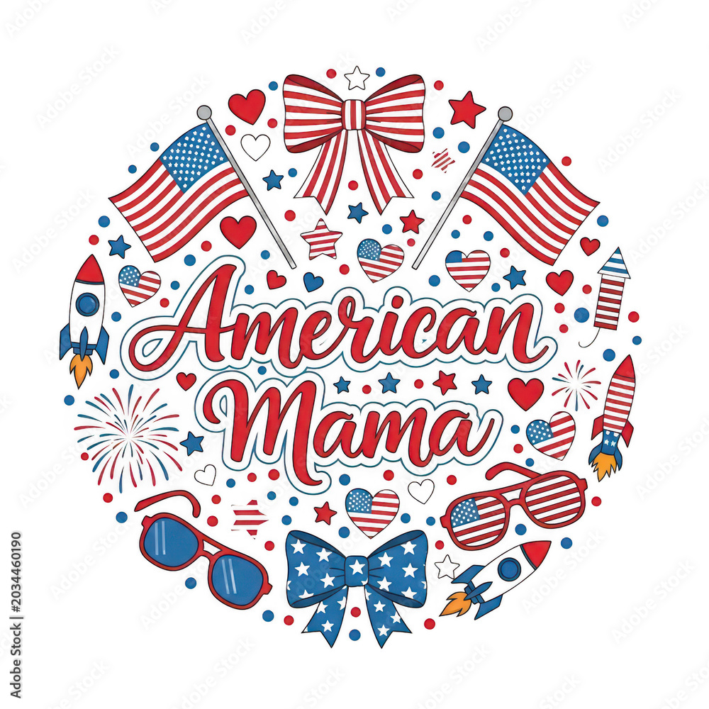 Obraz premium Circular composition with American Mama lettering surrounded by festive patriotic holiday icons isolated on transparent background.