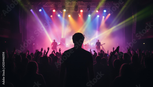 Crowd enjoying live band performance on stage with colorful lighting