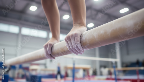 Gymnast gripping horizontal bar in training facility