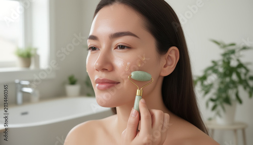 Woman Applying Facial Massage Roller in Bathroom