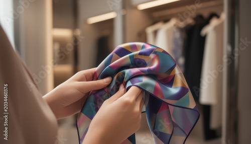 Person examining colorful geometric fabric scarf in clothing store
