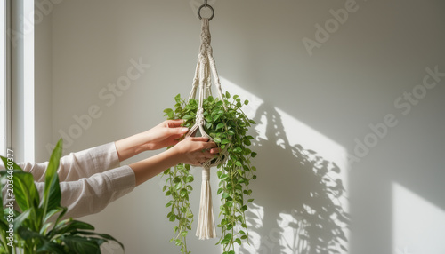 Person hanging macramÃ© plant hanger near window