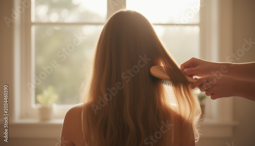 Woman Brushing Long Hair by Sunlit Window