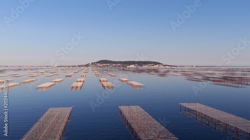 The Thau lagoon and its tables at sunset