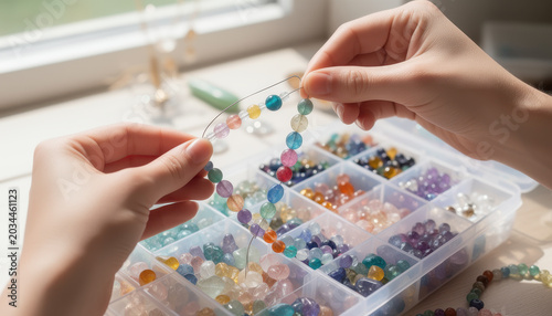 Person threading colorful beads onto jewelry wire, selecting from a tray