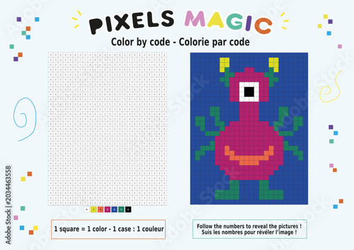 Bild auf Leinwand Coloriage au numéro, pixel art : créature étrange rose et verte