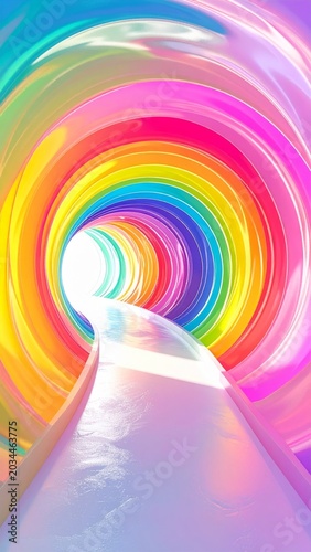 Vibrant Rainbow Water Slide Tunnel With Bright Light At The End