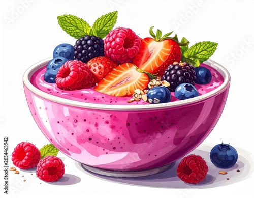 Vibrant Pink Smoothie Bowl Overflowing With Fresh Berries And Mint Leaves