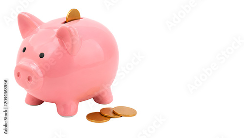 Foto Pink Ceramic Piggy Bank With Plain Gold Coins on White Studio Background