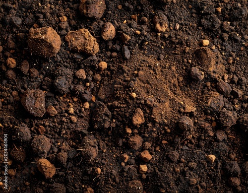 Close Up Macro Texture of Rich Dark Brown Soil with Small Pebbles and Grains