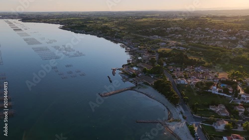 Aerial view of Bouzigues on the Thau Lagoon, in the Hérault department, Occitanie region, France