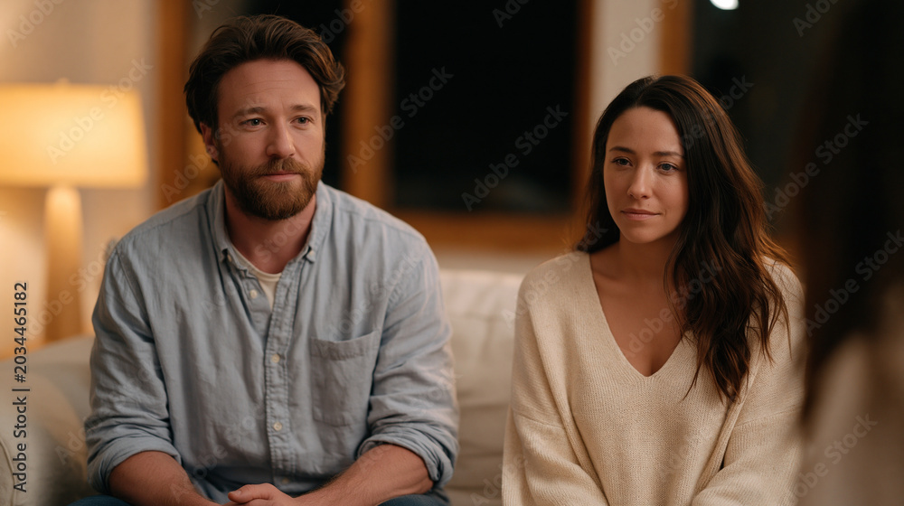 Obraz premium Couple dynamic during EMDR progress discussion, husband and wife seated across from marriage therapist in low lit private office, client partner showing visual relief after bilateral stimulation pro