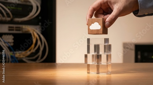 Hand placing cloud cube on transparent structure