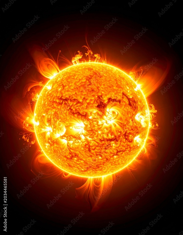Fototapeta premium Brilliant Sun Expanse With Fiery Plasma Eruptions and Solar Flares In Deep Space