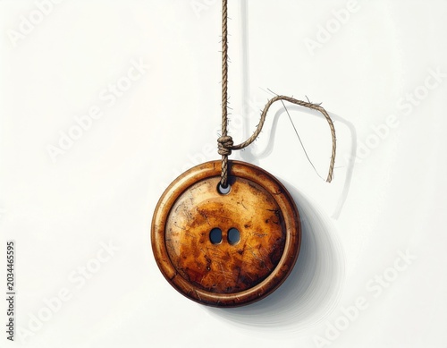 Close up of a rustic wooden button hanging from a string against a white background
