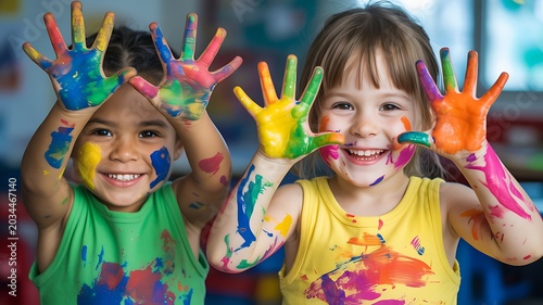 Two happy young children with painted hands and faces smiling at the camera during a creative art class