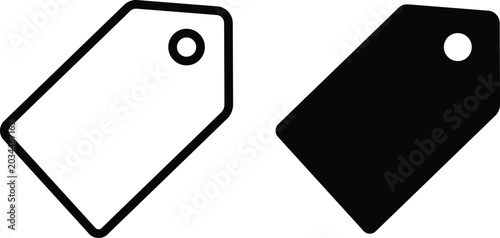 Minimalist price tag icons in outline and solid styles, black and white retail label vector set, commercial shopping hang tag symbols for e-commerce