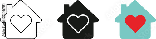 Minimalist house icons with heart symbol, set of 3 home vector illustrations, real estate love and family dwelling concept graphics