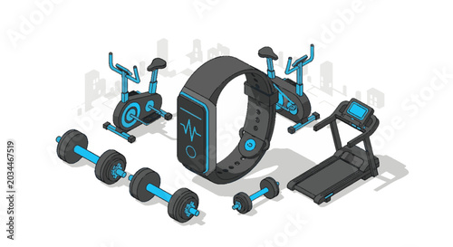 Fitness equipment and smart watch with heart rate monitor, isometric view, symbolizing healthy lifestyle and modern technology