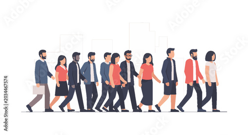 Diverse group of people walking in a line, symbolizing teamwork, unity, and following a leader.