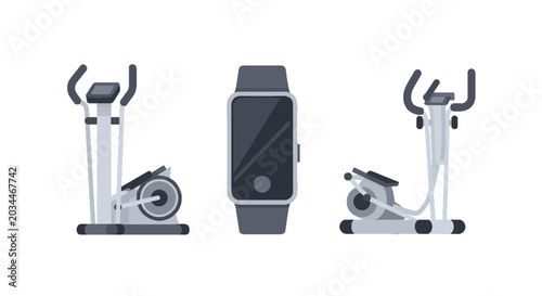 Modern Elliptical Machines and Smartwatch for Fitness and Health Tracking - Isolated on White Background