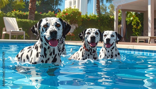 A group of Dalmatian dogs swimming in a luxury villa pool during summer