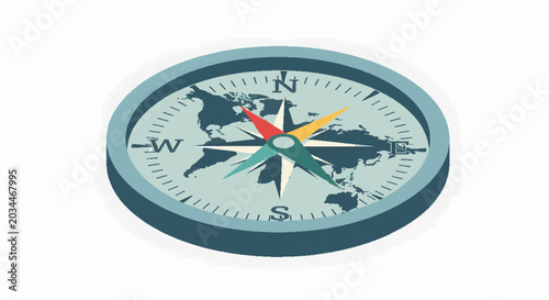 Isometric 3D compass with world map illustration, symbolizing global navigation, travel, exploration, discovery, and strategic business direction.