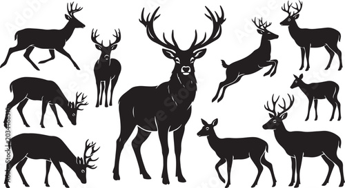 Canvas Print Deer Silhouette Vector Set with Stag Buck Doe Running Jumping Grazing and Standi
