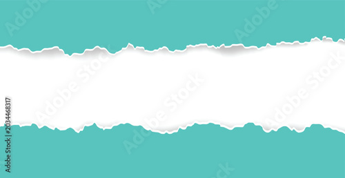 Fotografie Realistic turquoise torn paper background with horizontal ripped edges and shado
