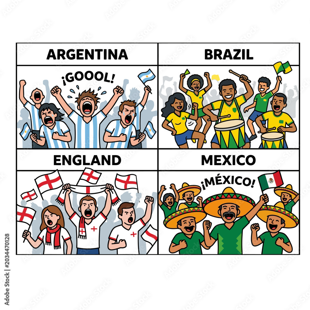 Obraz premium International Football Fans Groups from Different Countries Cheering Vector Set ARGENTINA BRAZIL ENGLAND MEXICO 