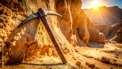 A heavy pickaxe leaning against a rocky canyon wall under bright sunlight, symbolizing hard work, exploration, and discovery.