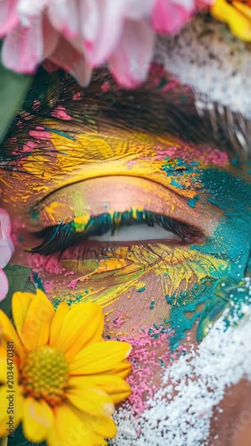 Eye of Colorful Face Painted Person with Flower Petals