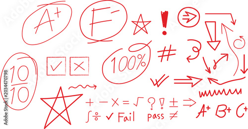 Handwritten educational symbols and grades
