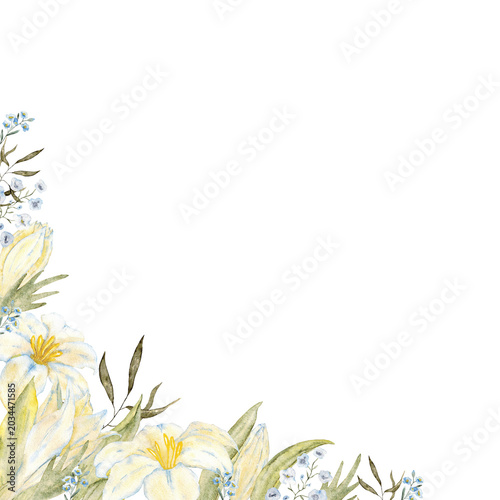 Watercolor white and blue lily corner floral frame for wedding invitation background and stationery design. For first communion, wedding, baptism greeting card. Hand drawn. Copy space. Isolated