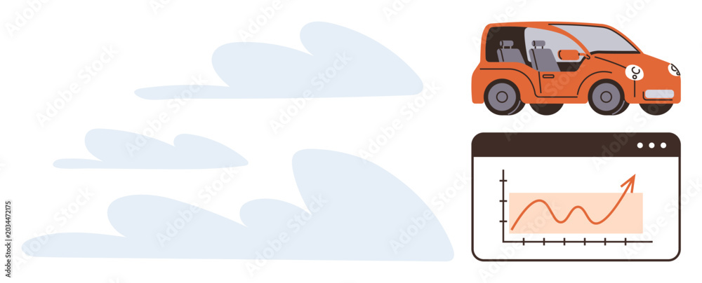 Obraz premium Electric vehicles, eco-innovation, sustainability, clean energy, market trends, environmental impact. Orange electric car and graph with upward trend. Electric vehicles and eco-innovation concept