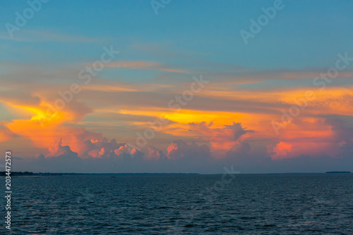A colorful evening sky scene of blue, orange, yellow, and white at dusk. The silhouette trees and beautiful view of the red sky at dusk.
