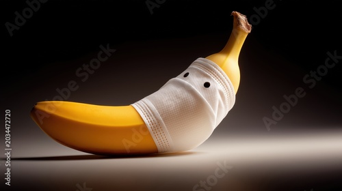 Banana wearing a paper mask under dramatic side lighting, symbolizing insecurity, hidden flaws, and emotional concealment.