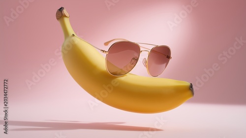 Bright yellow banana wearing stylish sunglasses floating on a pink studio background with playful surreal commercial aesthetic.