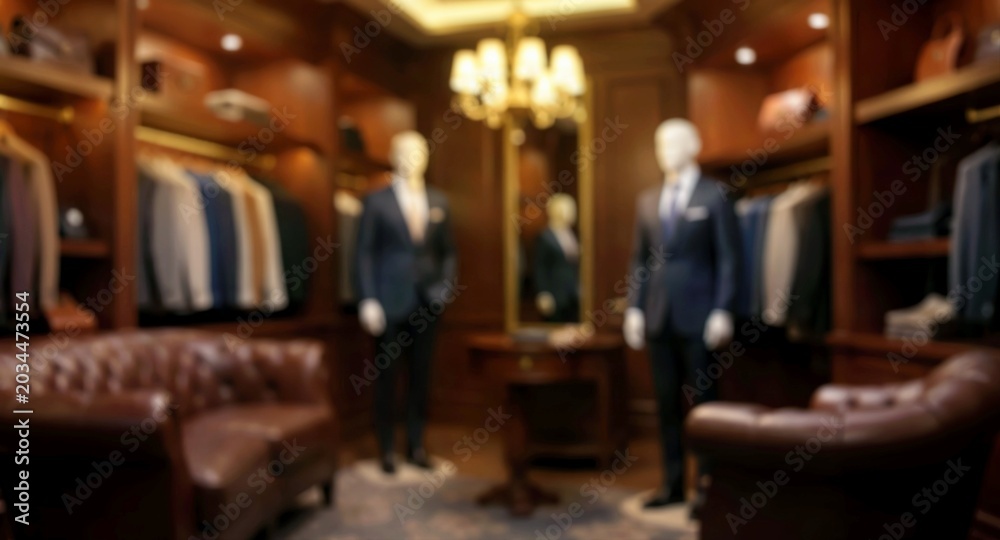 Obraz premium Luxury menswear tailoring boutique with elegant suits on display for retail advertising.
