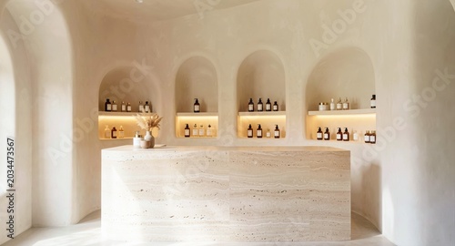 Minimalist organic skincare boutique interior with elegant arched wall shelves.

